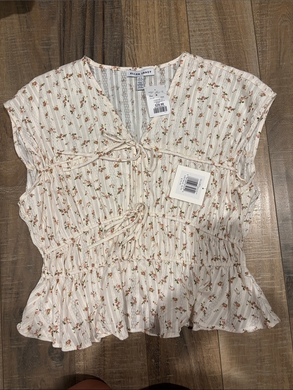 Ellen Tracy Cream Floral Tie-Front Peplum Blouse